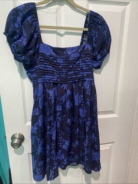 Liberty Love Navy and Royal Blue Floral Puff-Sleeve Dress